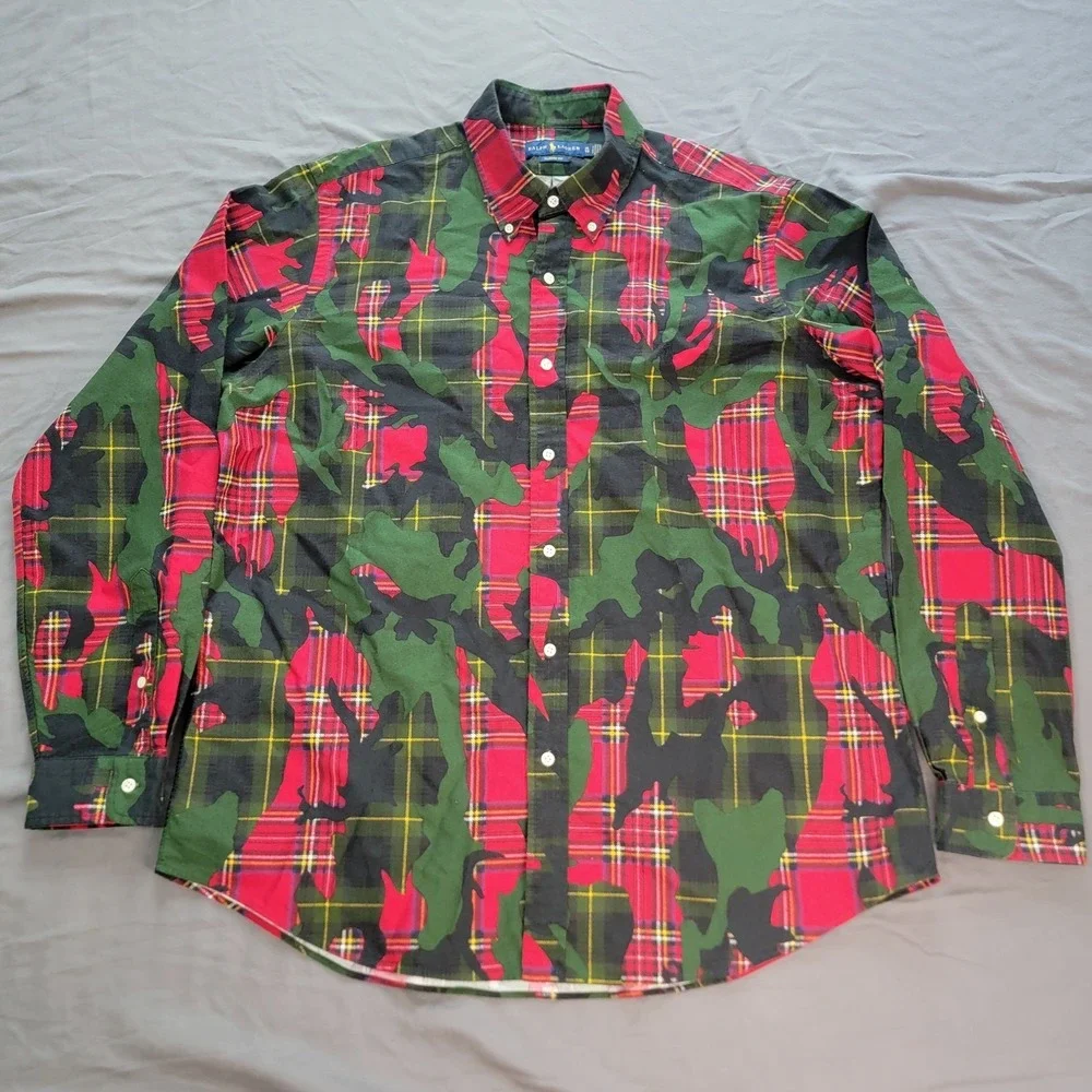 Ralph Lauren Camo Plaid Button Down Shirt Men's XL Long Sleeve Classic Fit